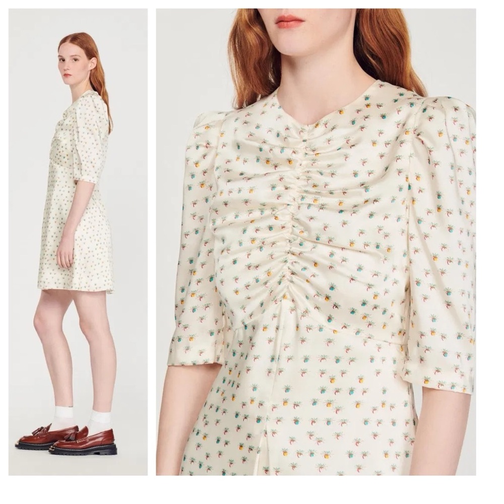 NWT SANDRO Aquarelle Short Mini Dress Fruit Print Ruching 3/4 Sleeves Off-white
